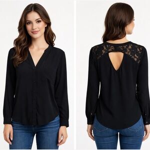 Black sheer lace cut out back button down blouse XL